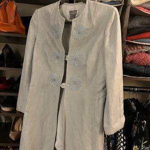 Silver blue long jacket wear with simple dress or jeans